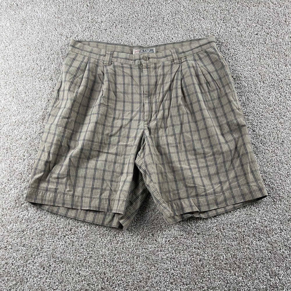 Y2K Structure Chino Shorts Mens 36 Beige Plaid Pleated Cotton Casual Summer